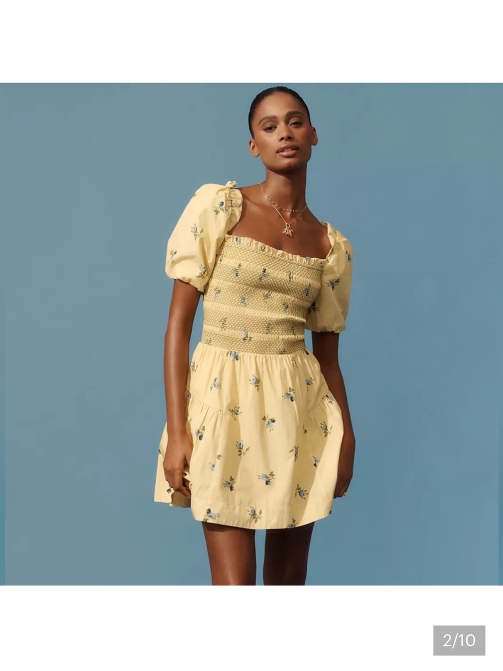 Anthropologie Puff Sleeve Square neck Smocked Mini Dress Large Yellow NWT - Picture 3 of 9